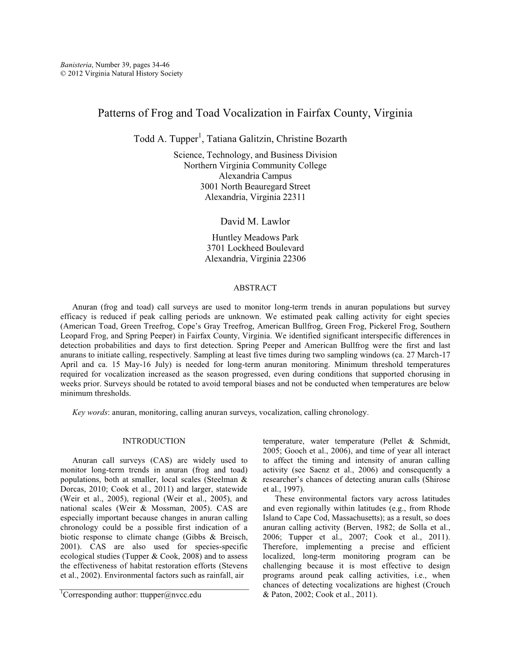 Patterns of Frog and Toad Vocalization in Fairfax County, Virginia