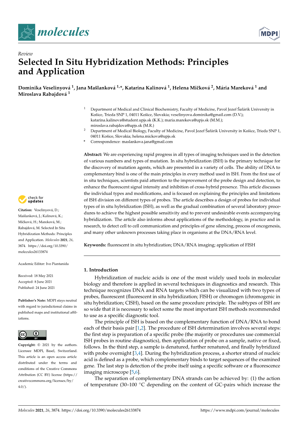 Selected in Situ Hybridization Methods: Principles and Application