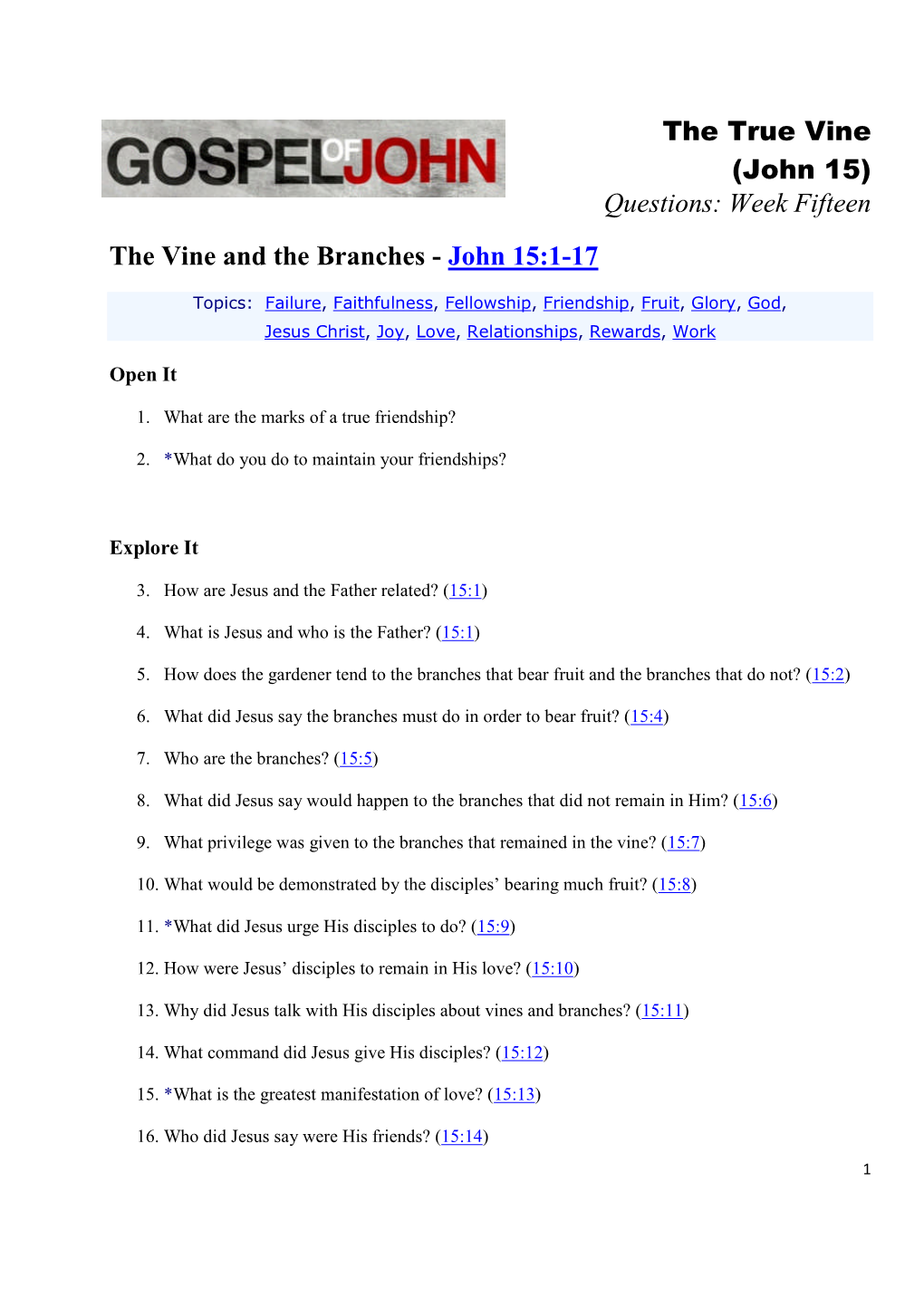 Questions: Week Fifteen the Vine and the Branches - John 15:1-17