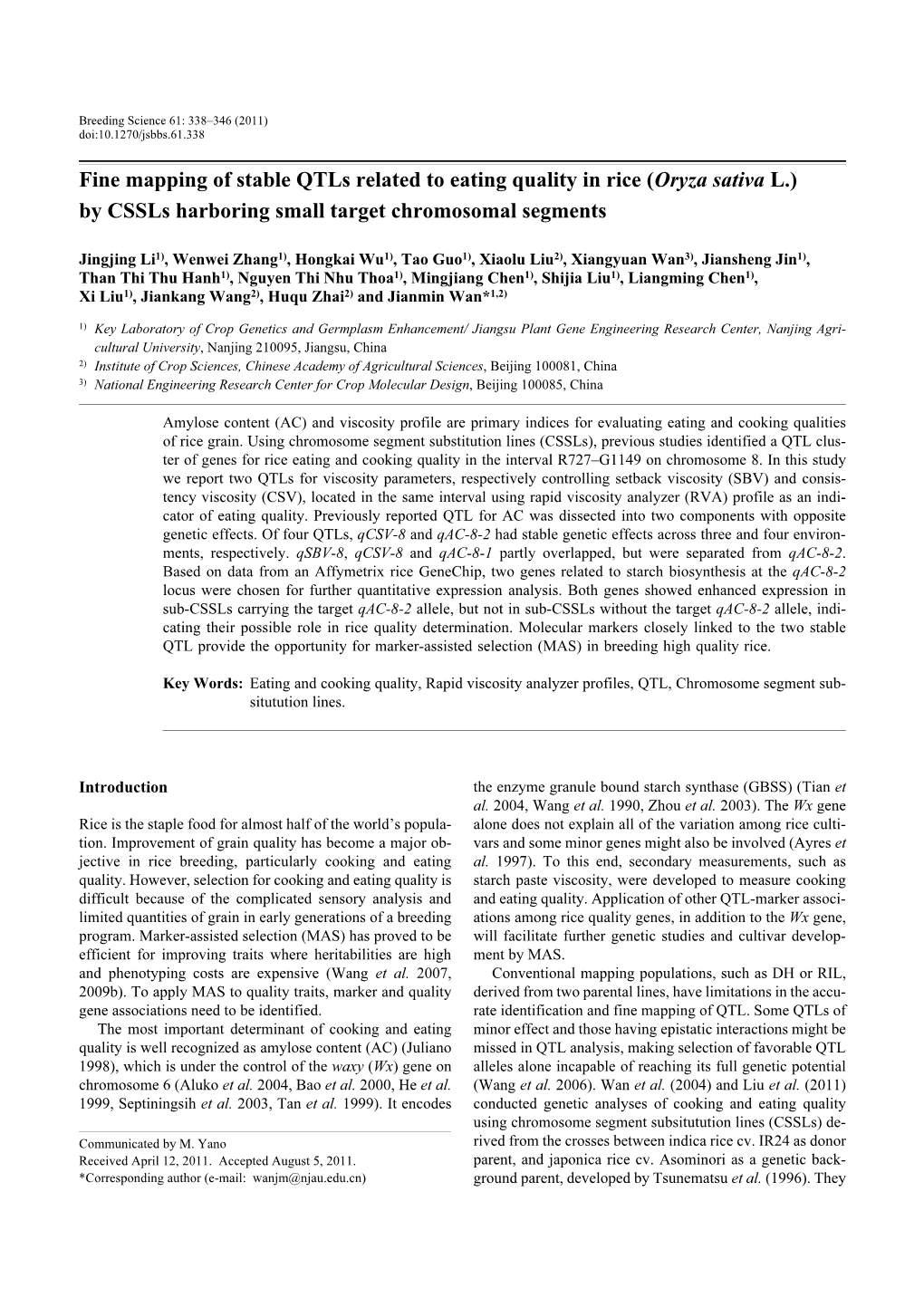 Oryza Sativa L.) by Cssls Harboring Small Target Chromosomal Segments