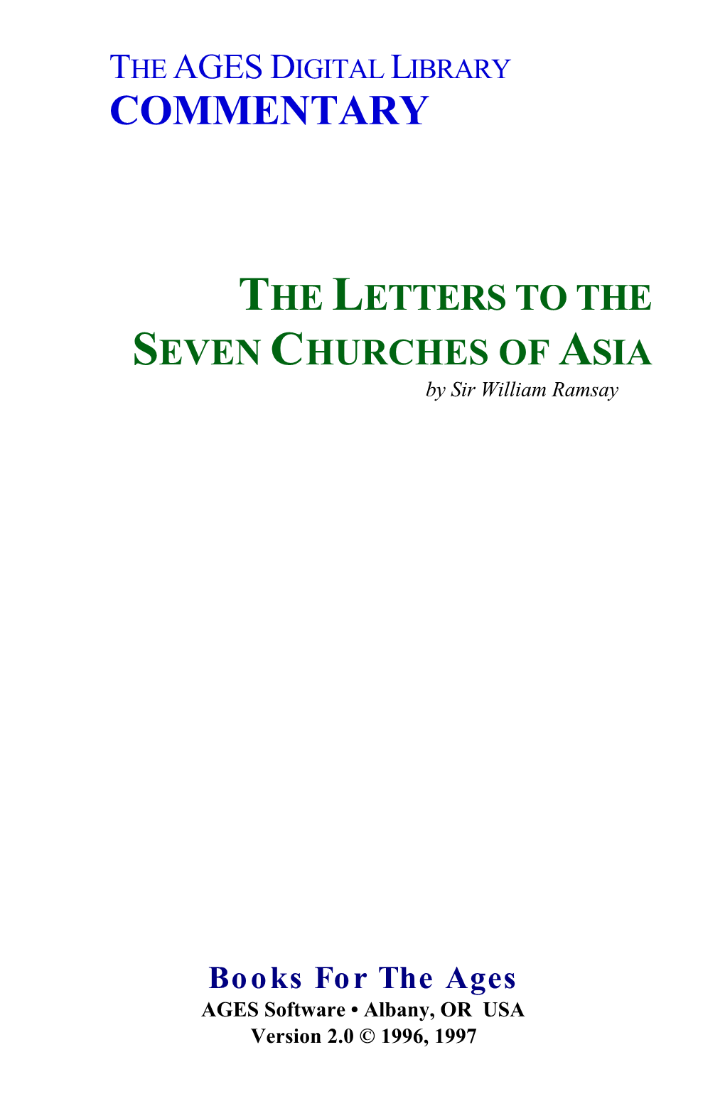 THE LETTERS to the SEVEN CHURCHES of ASIA by Sir William Ramsay
