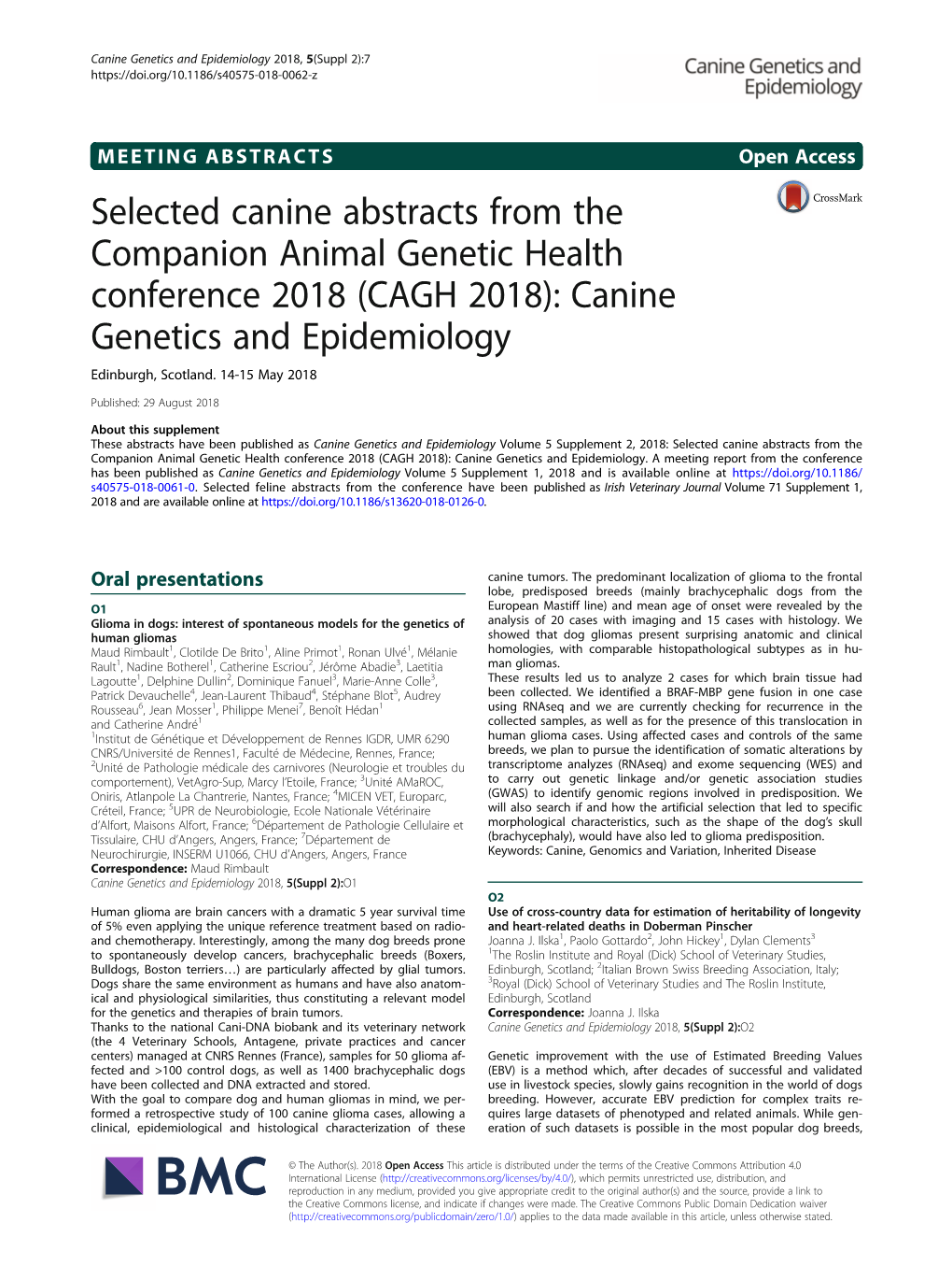 (CAGH 2018): Canine Genetics and Epidemiology Edinburgh, Scotland
