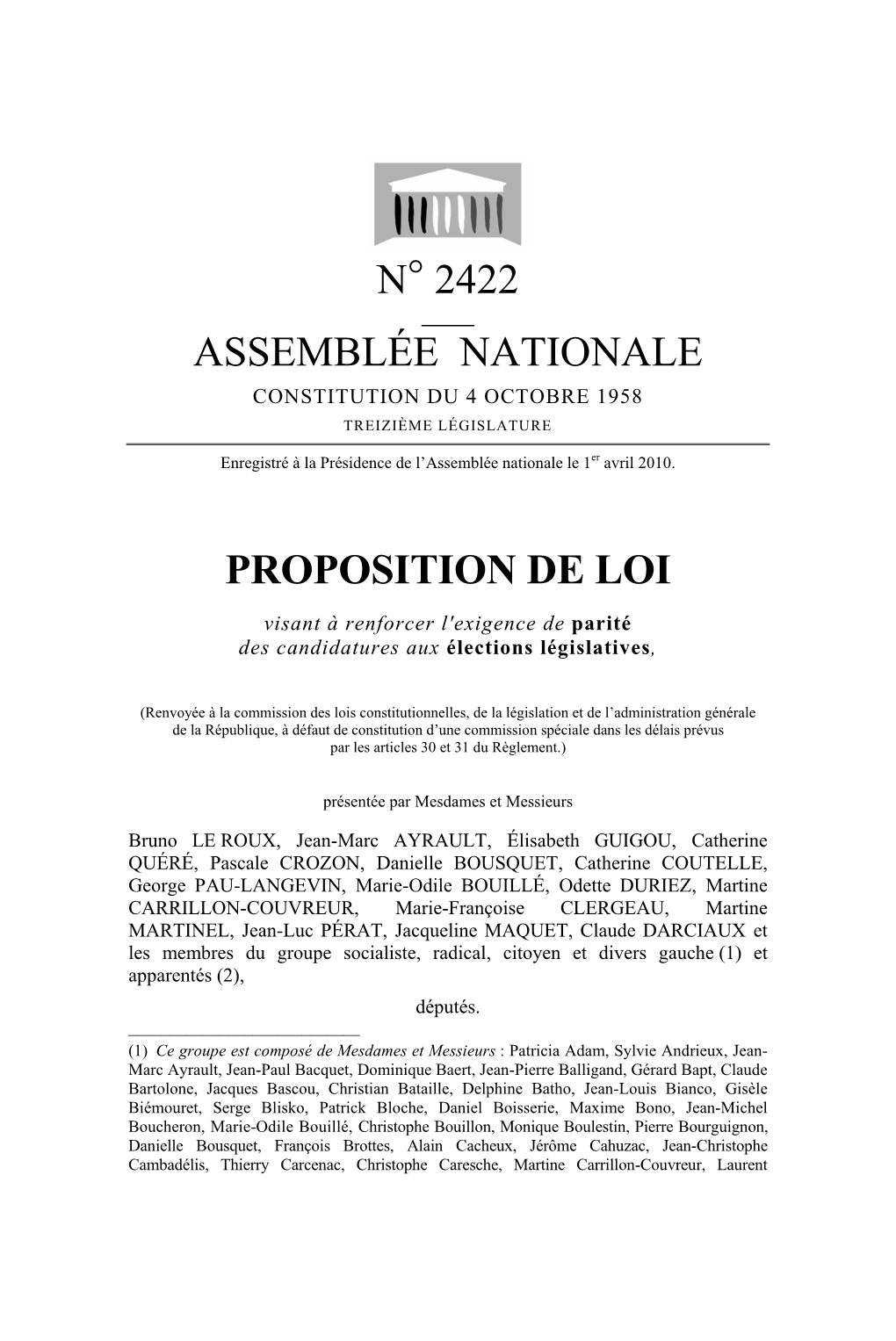 N° 2422 Assemblée Nationale Proposition De