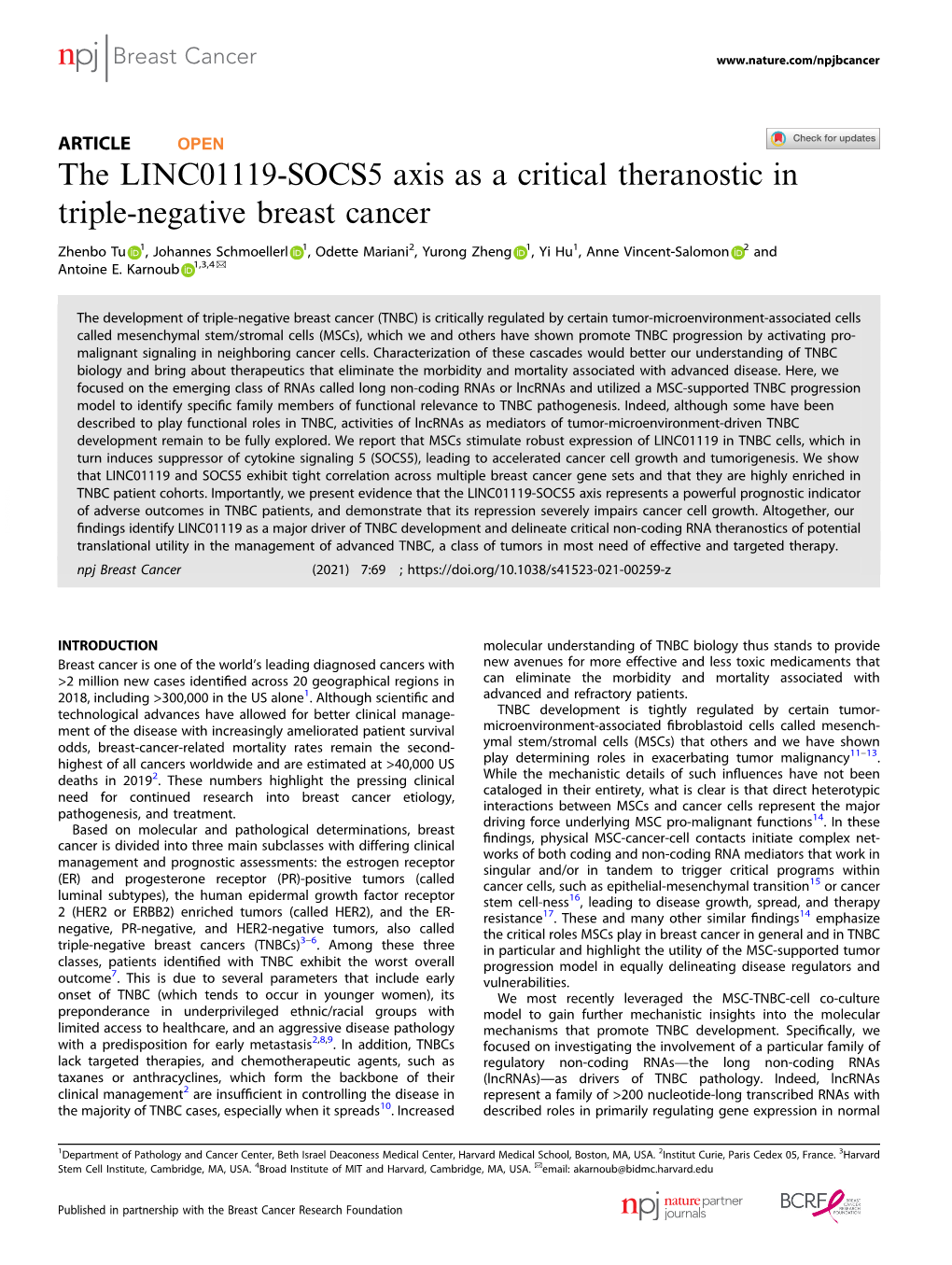 The LINC01119-SOCS5 Axis As a Critical Theranostic in Triple-Negative Breast Cancer