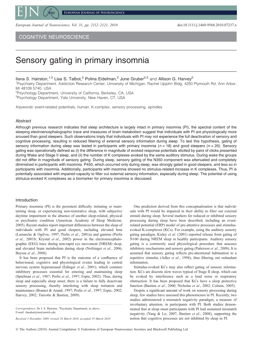 Sensory Gating in Primary Insomnia