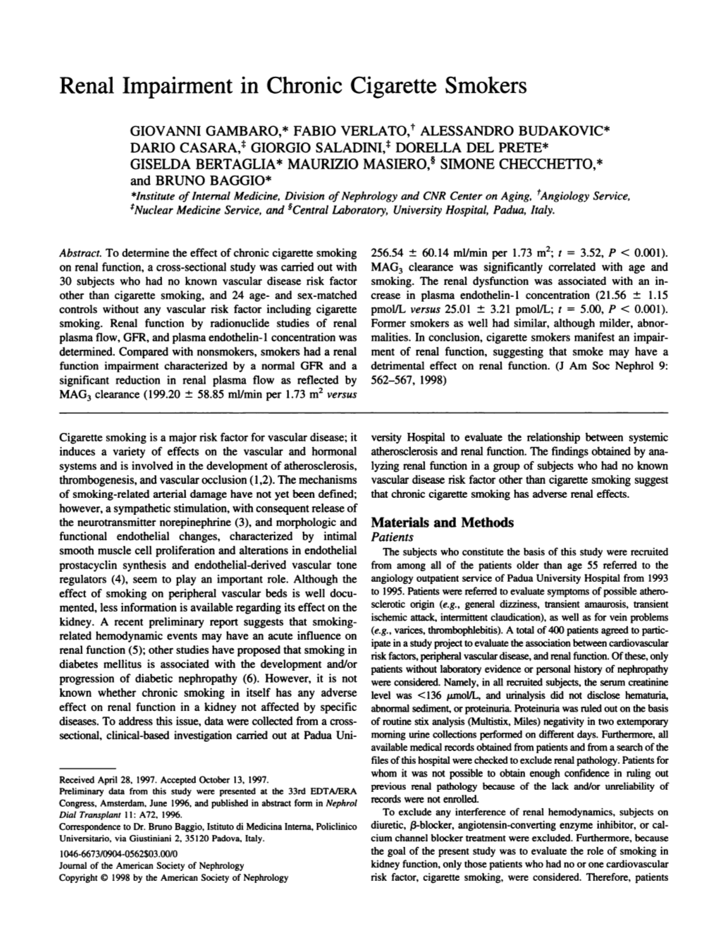 Renal Impairment in Chronic Cigarette Smokers