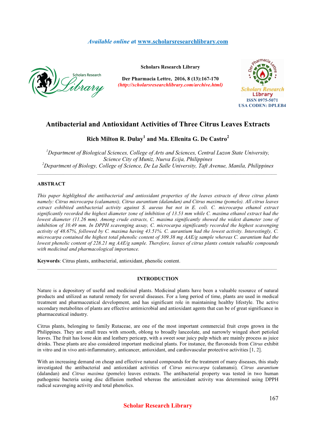 Antibacterial and Antioxidant Activities of Three Citrus Leaves Extracts