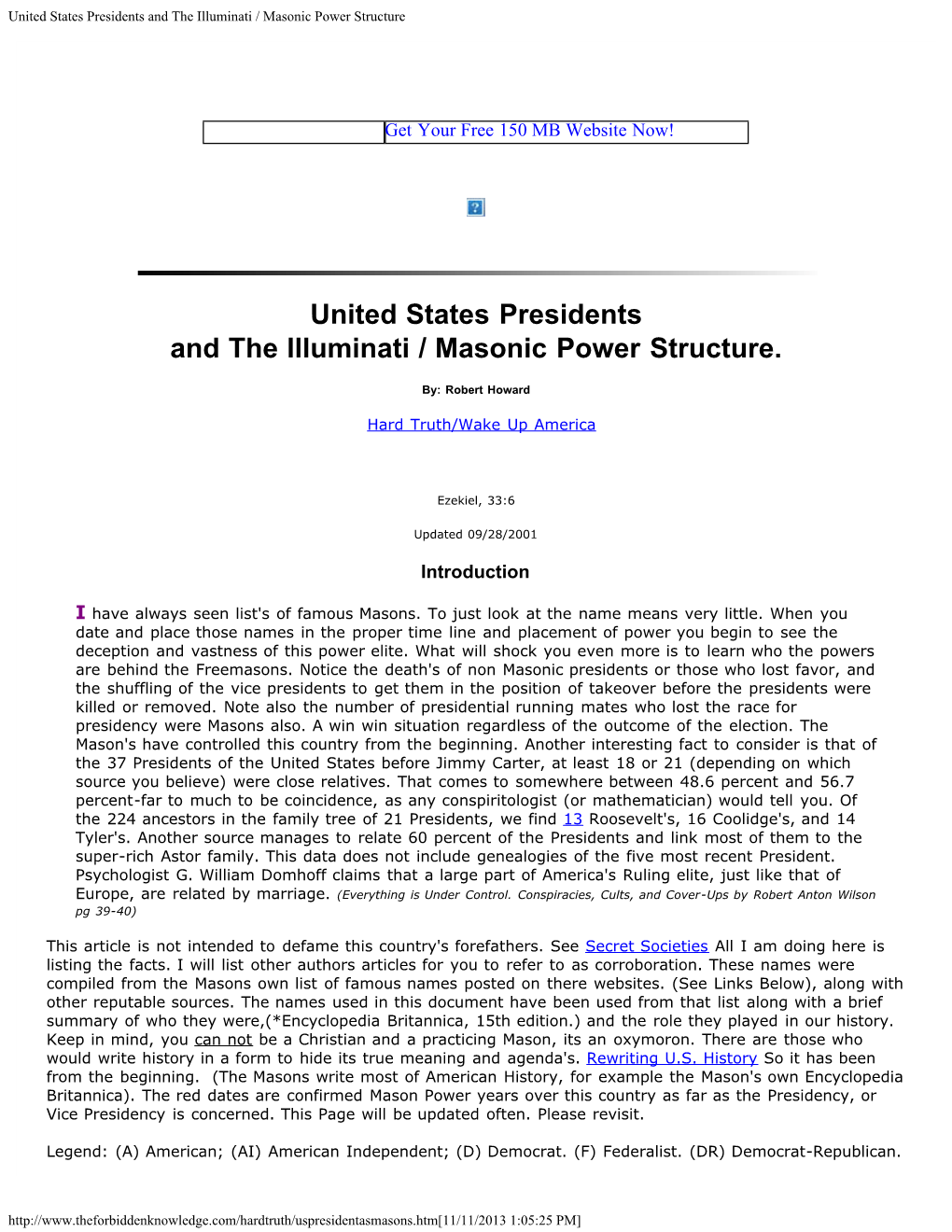 United States Presidents and the Illuminati / Masonic Power Structure