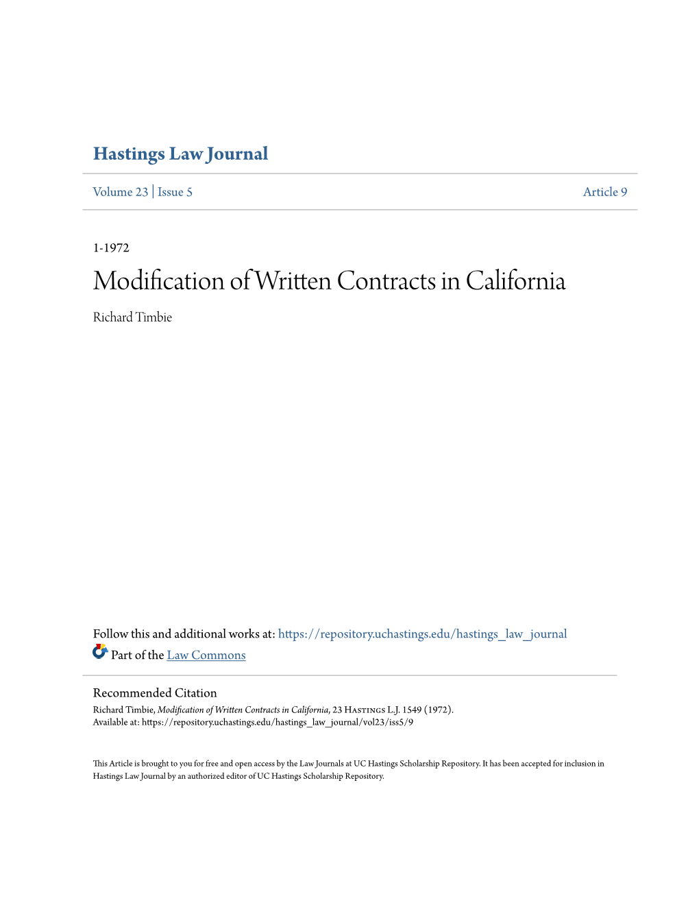 Modification of Written Contracts in California Richard Timbie