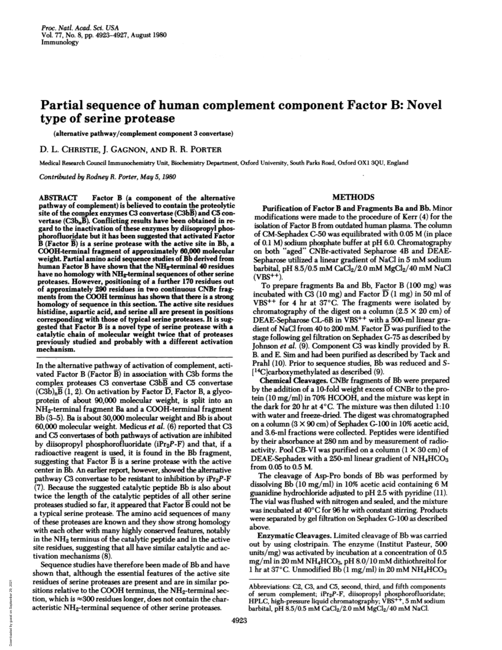 Novel Type of Serine Protease (Alternative Pathway/Complement Component 3 Convertase) D