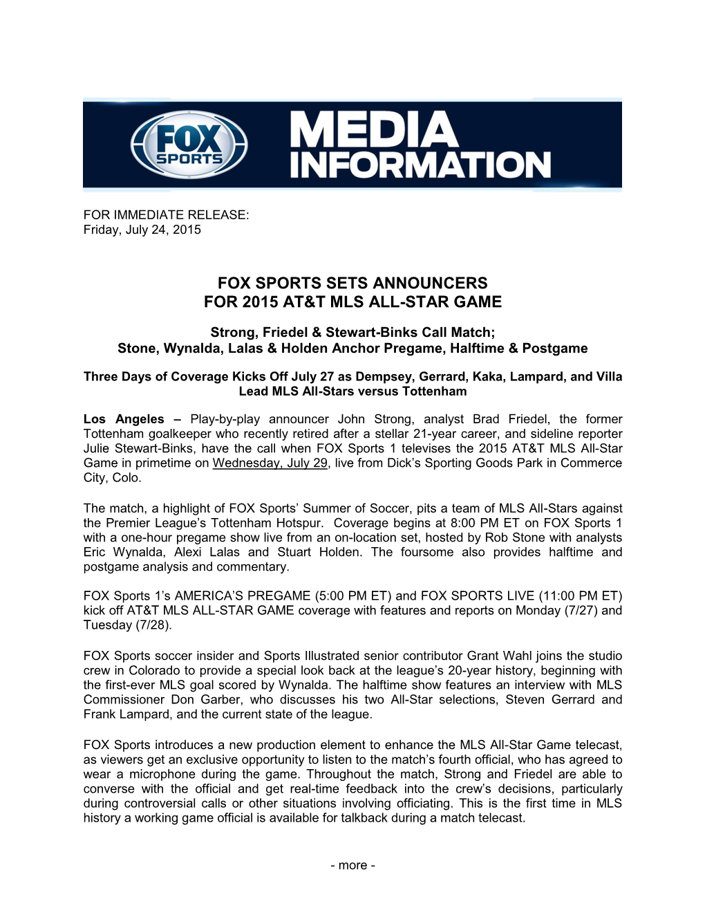 Fox Sports Sets Announcers for 2015 At&T Mls All-Star