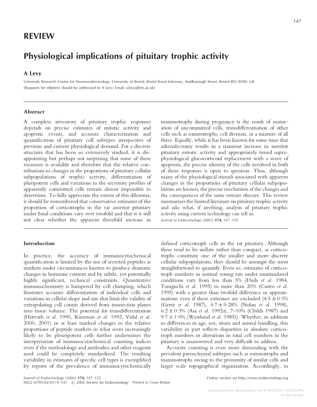 Downloaded from Bioscientifica.Com at 09/25/2021 12:53:52PM Via Free Access 148 a LEVY · Pituitary Trophic Responses