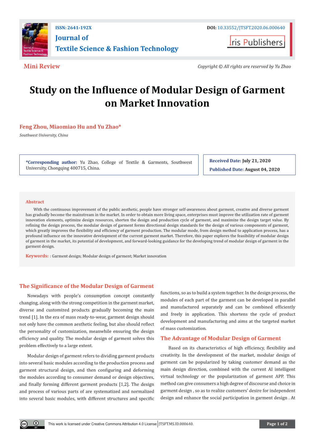 Study on the Influence of Modular Design of Garment on Market Innovation