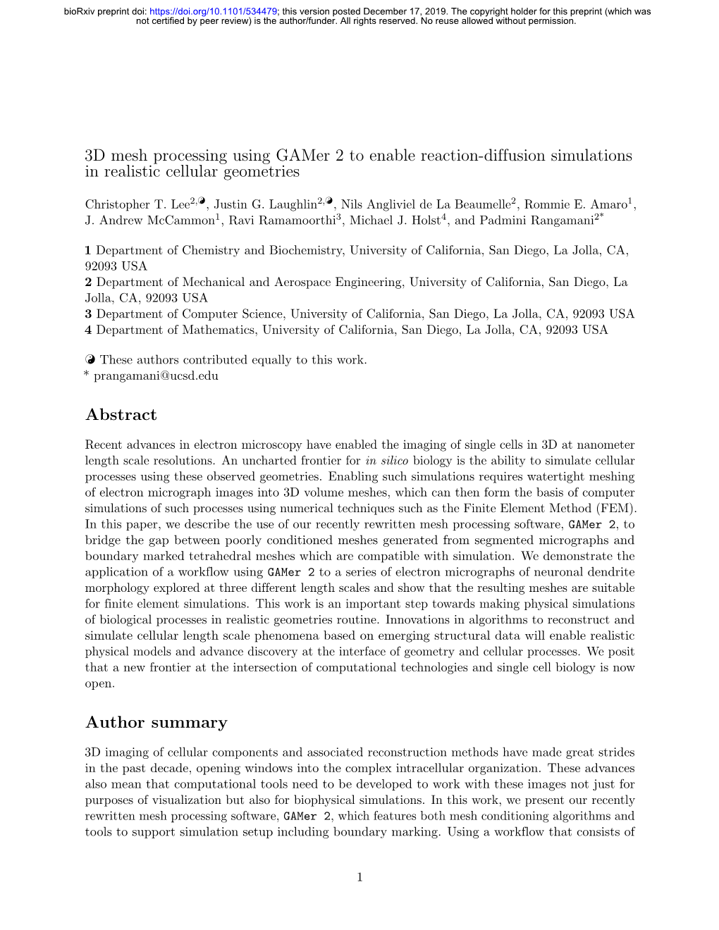 3D Mesh Processing Using Gamer 2 to Enable Reaction-Diffusion Simulations in Realistic Cellular Geometries