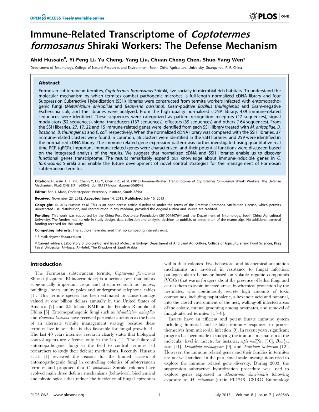 Formosanus Shiraki Workers: the Defense Mechanism