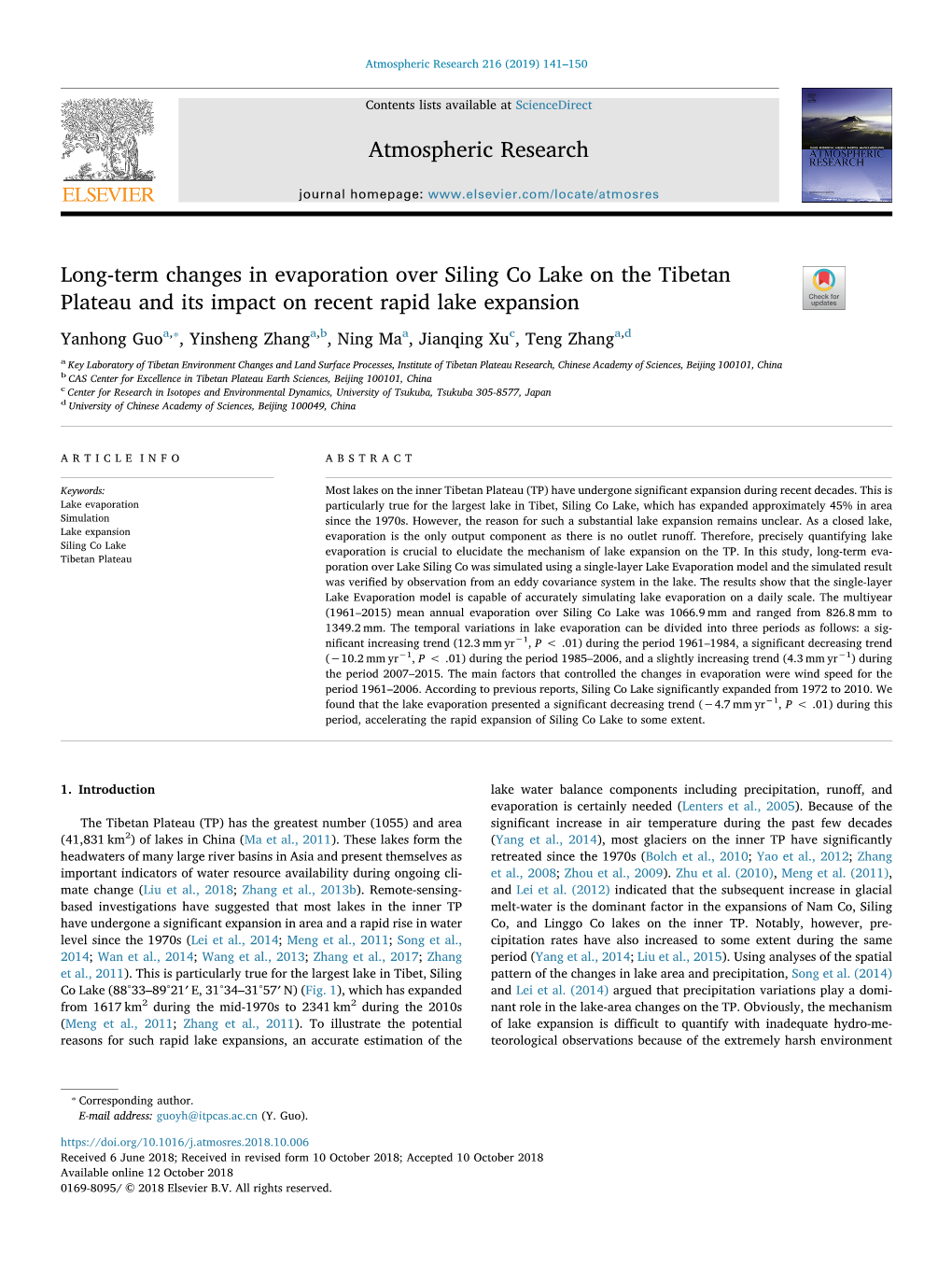 Long-Term Changes in Evaporation Over Siling Co Lake on the Tibetan