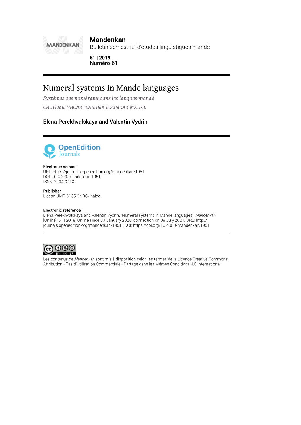 Numeral Systems in Mande Languages1