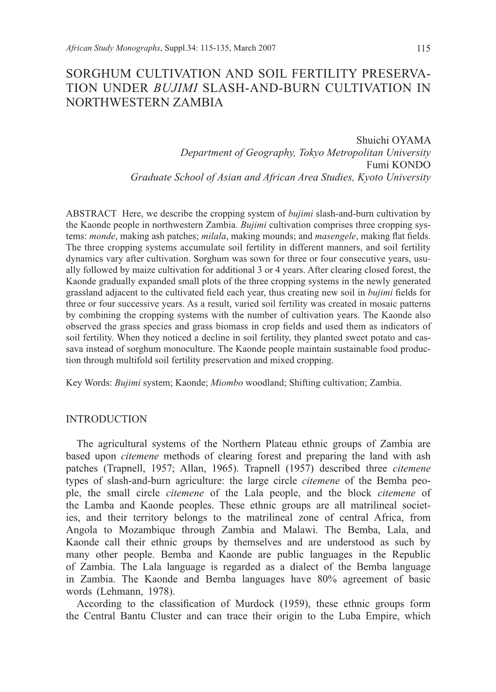 SORGHUM CULTIVATION and SOIL FERTILITY PRESERVA- TION UNDER Bujimi SLASH-AND-BURN CULTIVATION in NORTHWESTERN ZAMBIA