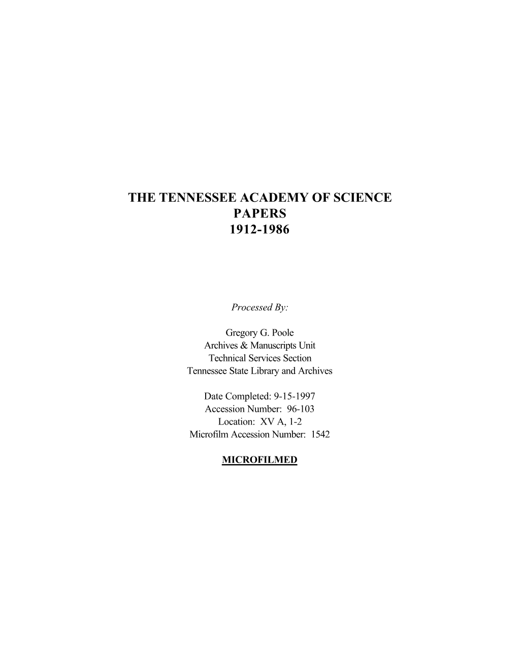 The Tennessee Academy of Science Papers 1912-1986