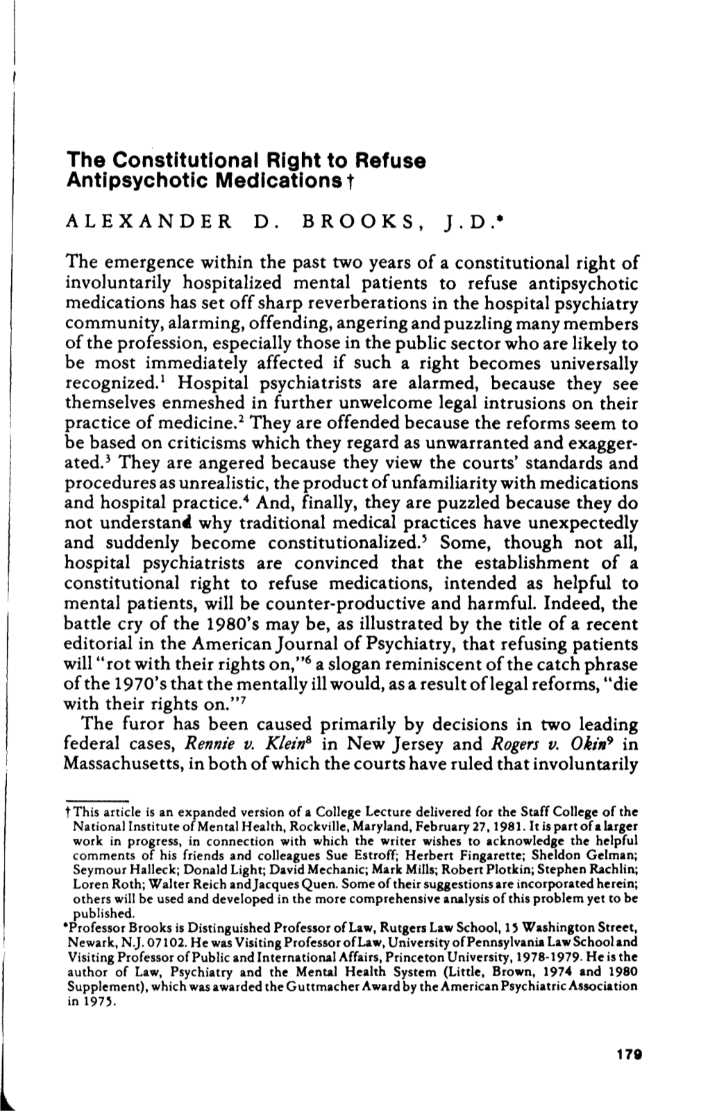 The Constitutional Right to Refuse Antipsychotic Medications T