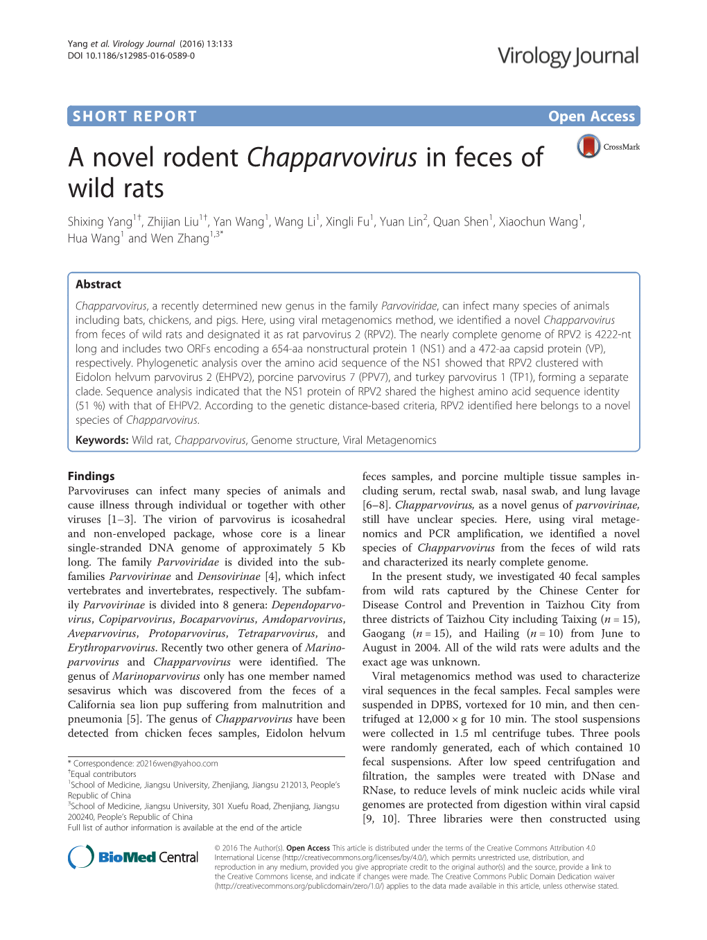 A Novel Rodent Chapparvovirus in Feces of Wild Rats