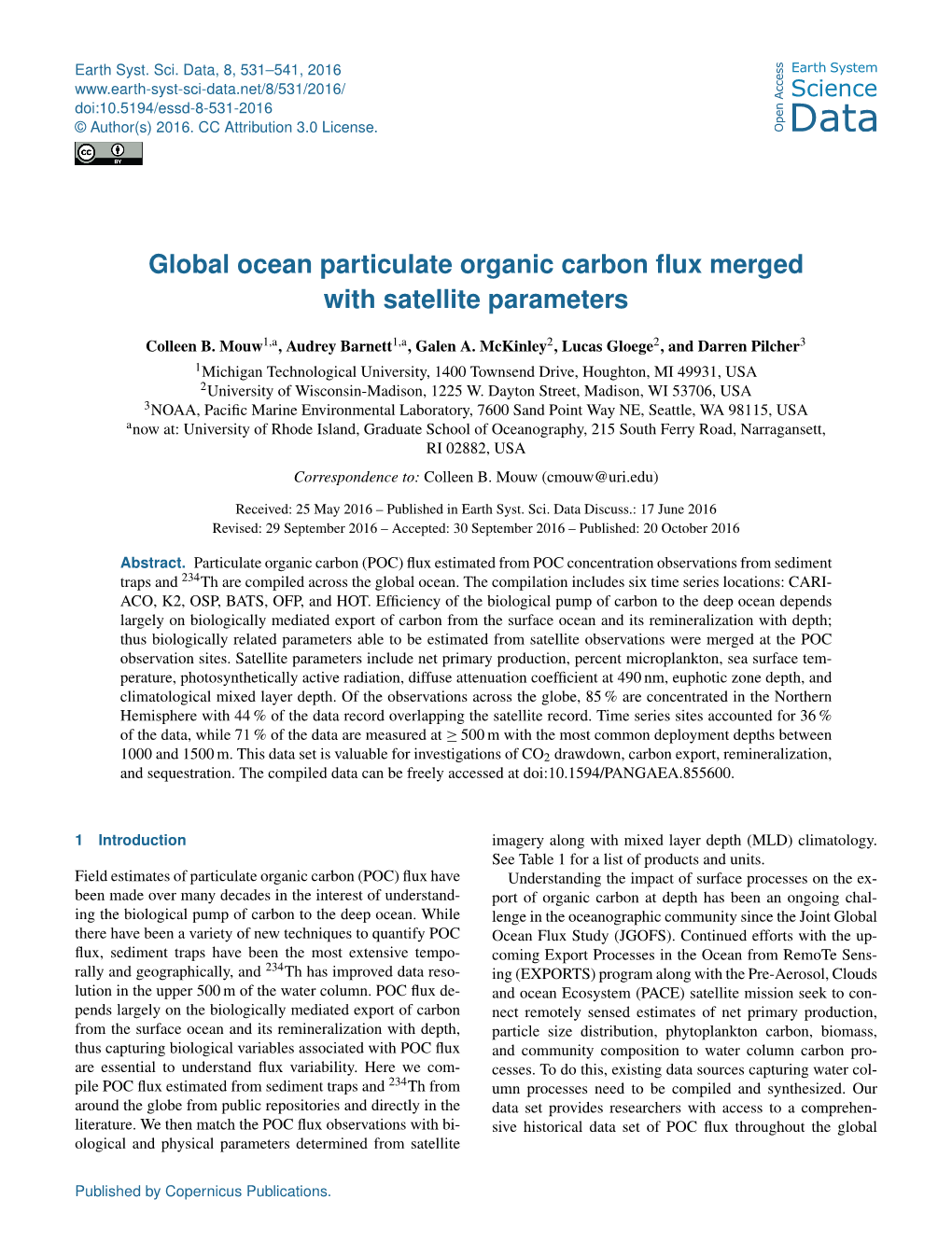 Global Ocean Particulate Organic Carbon Flux Merged with Satellite