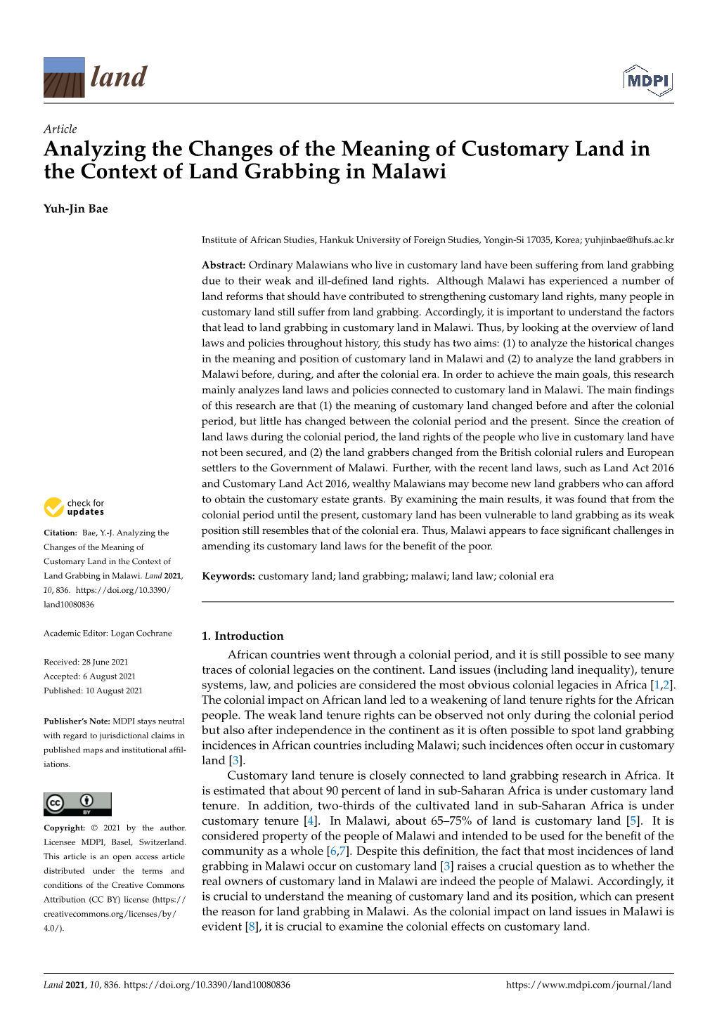 Analyzing the Changes of the Meaning of Customary Land in the Context of Land Grabbing in Malawi