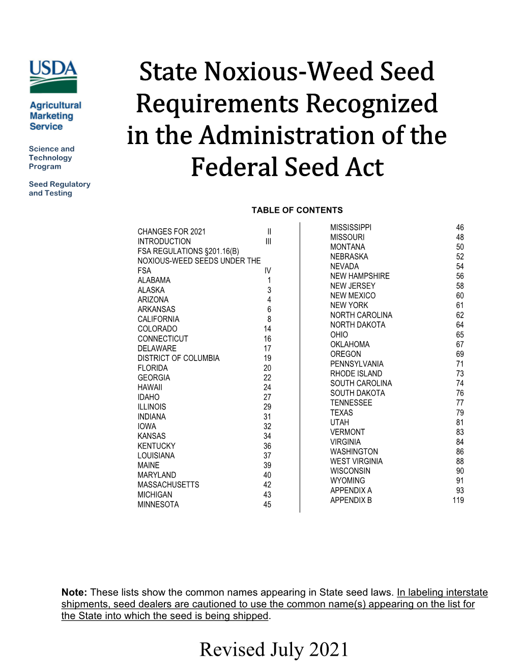 2021 State Noxious-Weed Seed Requirements Recognized in the Administration of the Federal Seed Act