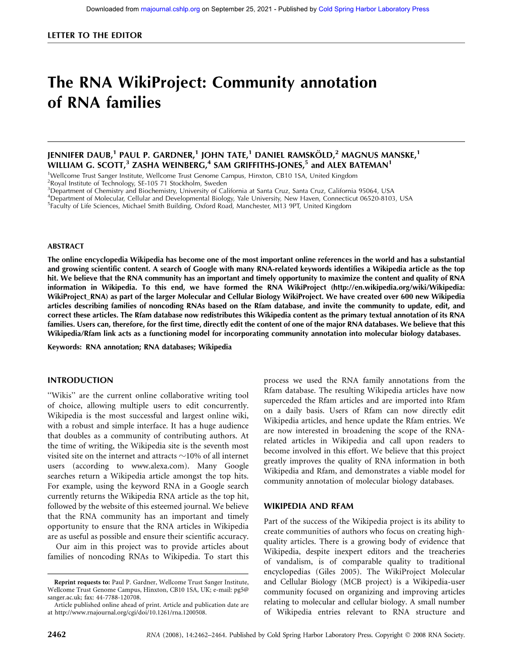 The RNA Wikiproject: Community Annotation of RNA Families