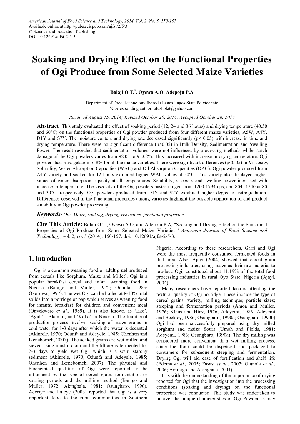 Soaking and Drying Effect on the Functional Properties of Ogi Produce from Some Selected Maize Varieties
