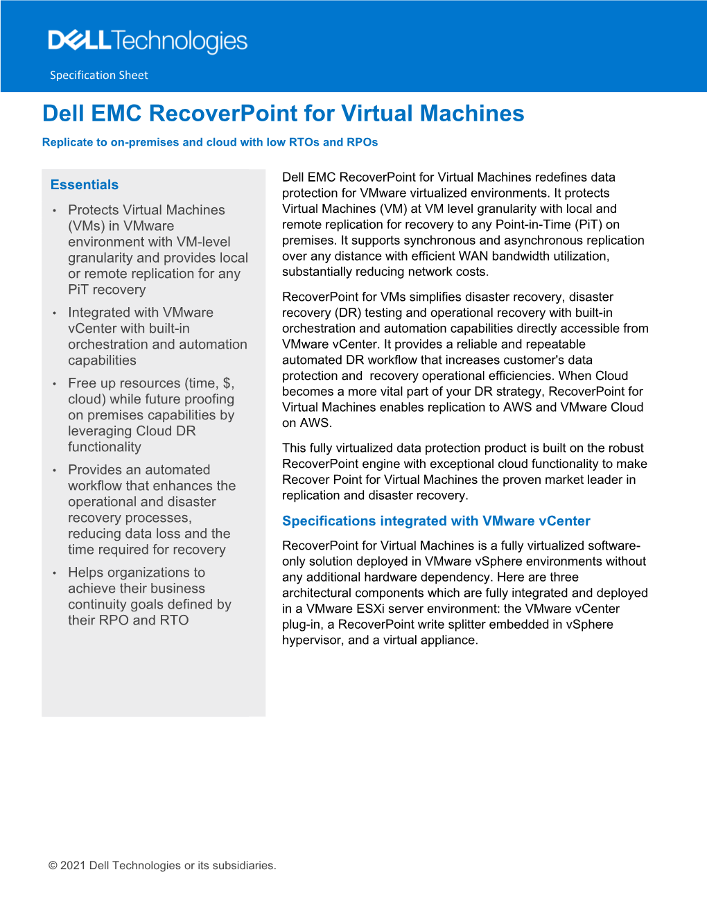 Dell EMC Recoverpoint for Vms Spec Sheet