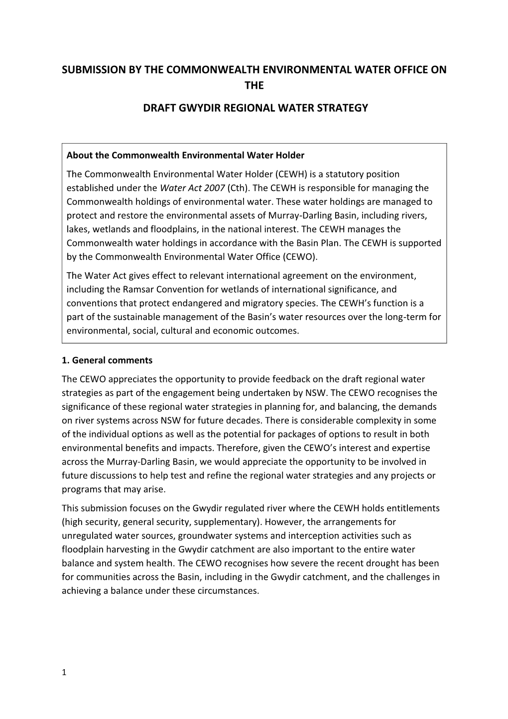 Submission by the Commonwealth Environmental Water Office on the Draft Gwydir Regional Water Strategy