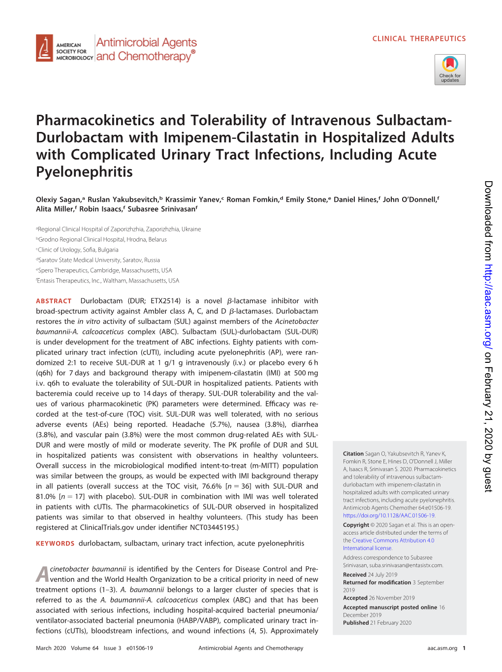 Pharmacokinetics and Tolerability of Intravenous Sulbactam