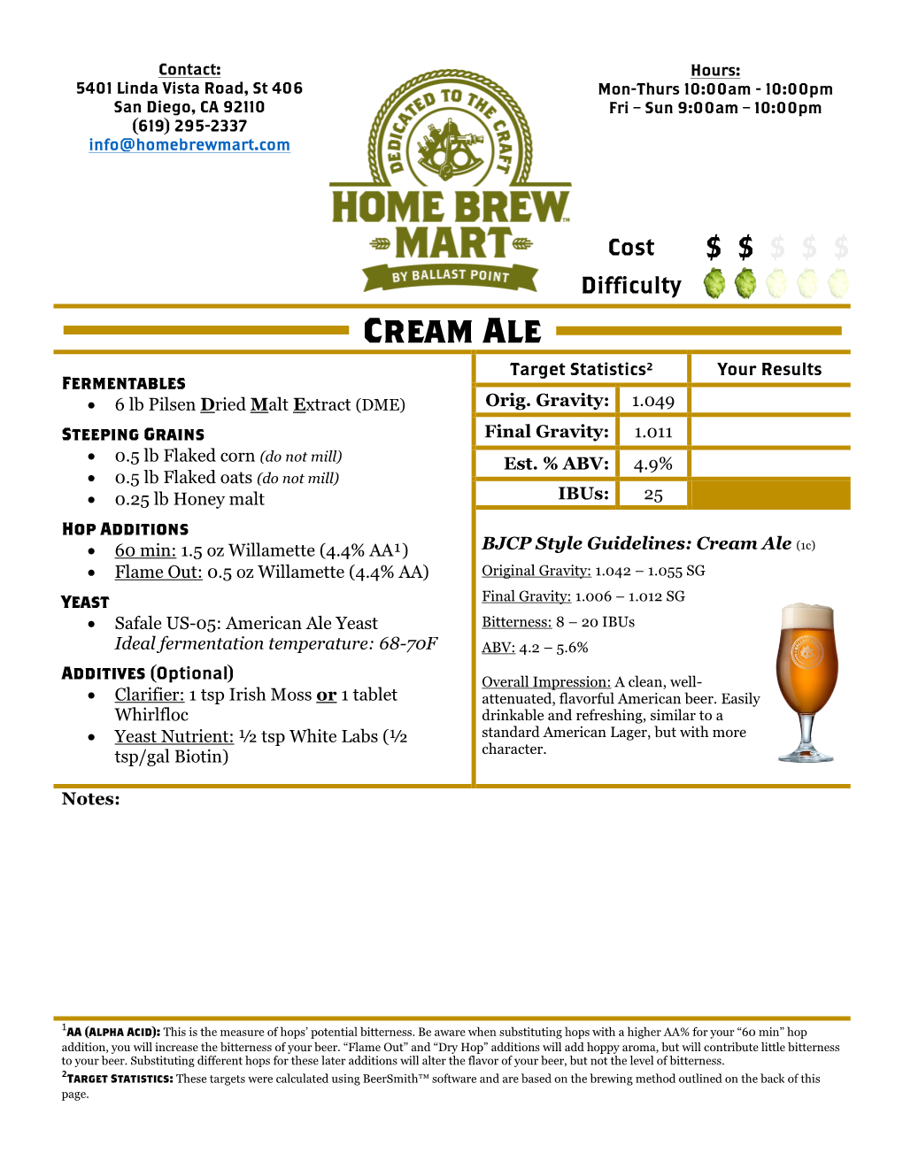 Cream Ale Target Statistics² Your Results Fermentables • 6 Lb Pilsen Dried Malt Extract (DME) Orig