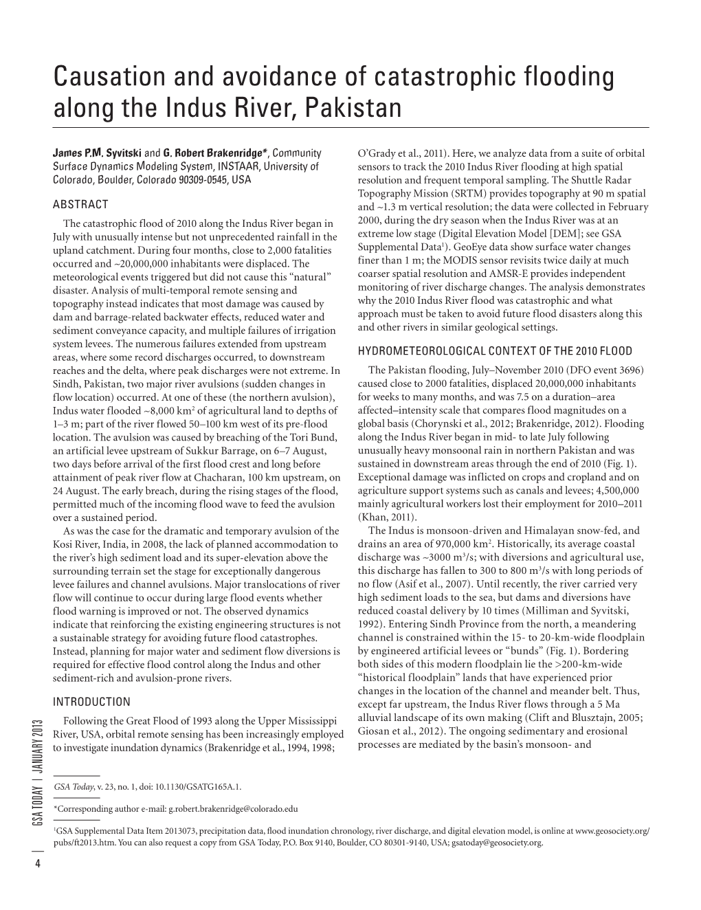 Causation and Avoidance of Catastrophic Flooding Along the Indus River, Pakistan