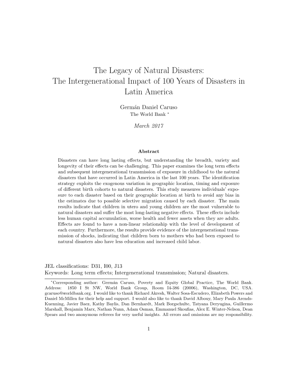 The Legacy of Natural Disasters: the Intergenerational Impact of 100 Years of Disasters in Latin America