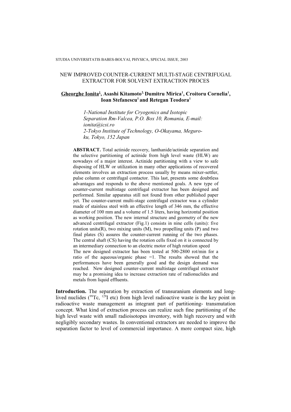 New Improved Counter-Current Multi-Stage Centrifugal Extractor for Solvent Extraction Proces