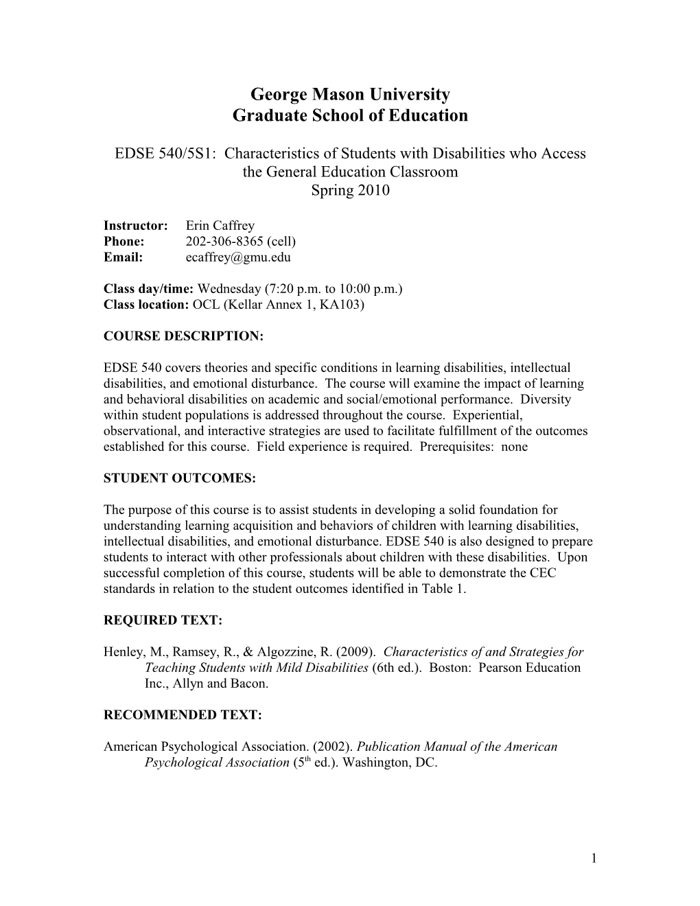 EDSE 540: Characteristics of Students with Emotional Disturbance and Learning Disabilities