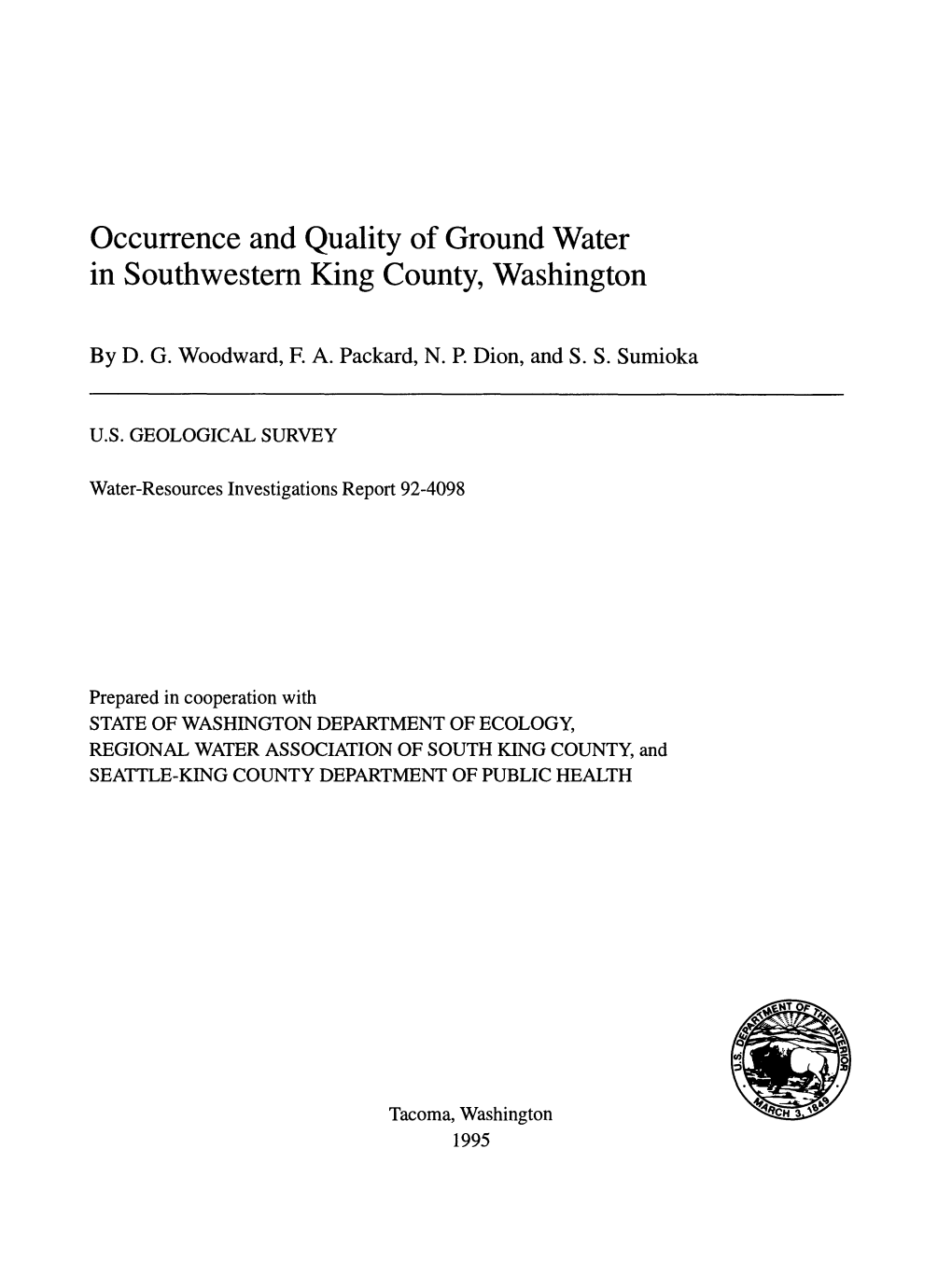 Occurrence and Quality of Ground Water in Southwestern King County, Washington