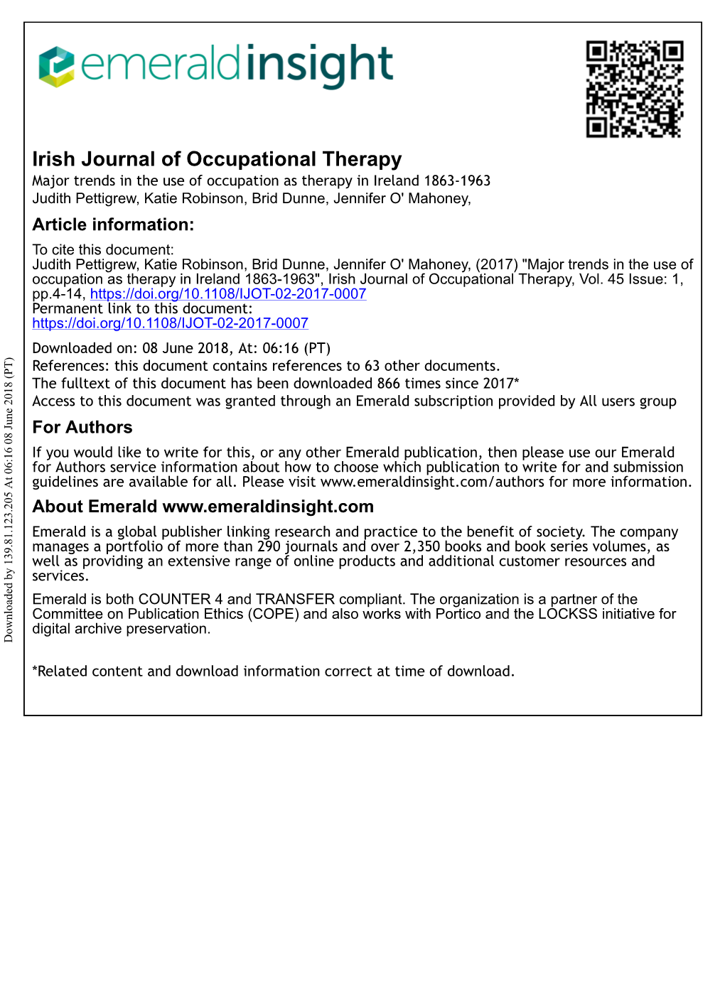 Major Trends in the Use of Occupation As Therapy in Ireland 1863-1963