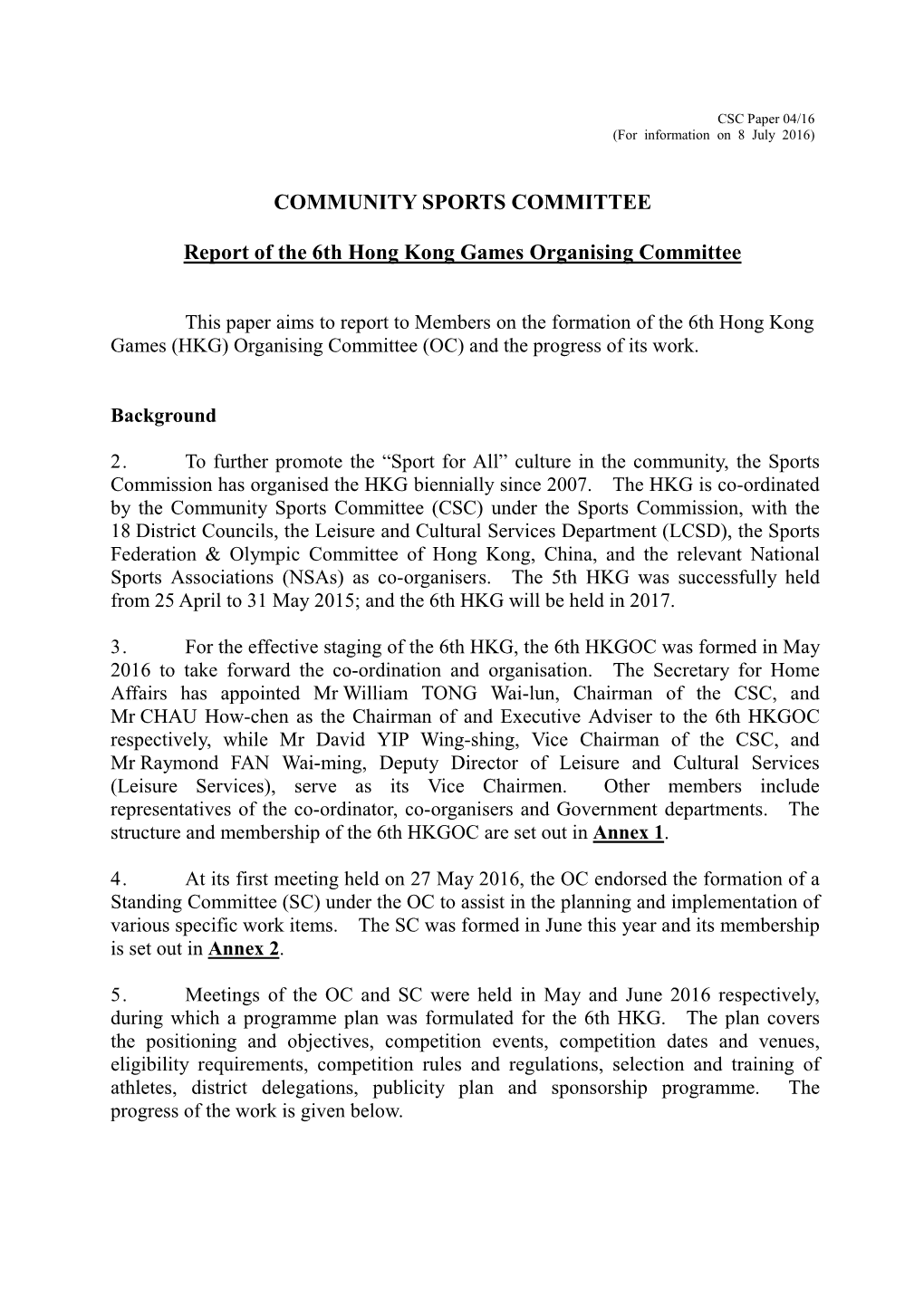 Report of the 6Th Hong Kong Games Organising Committee