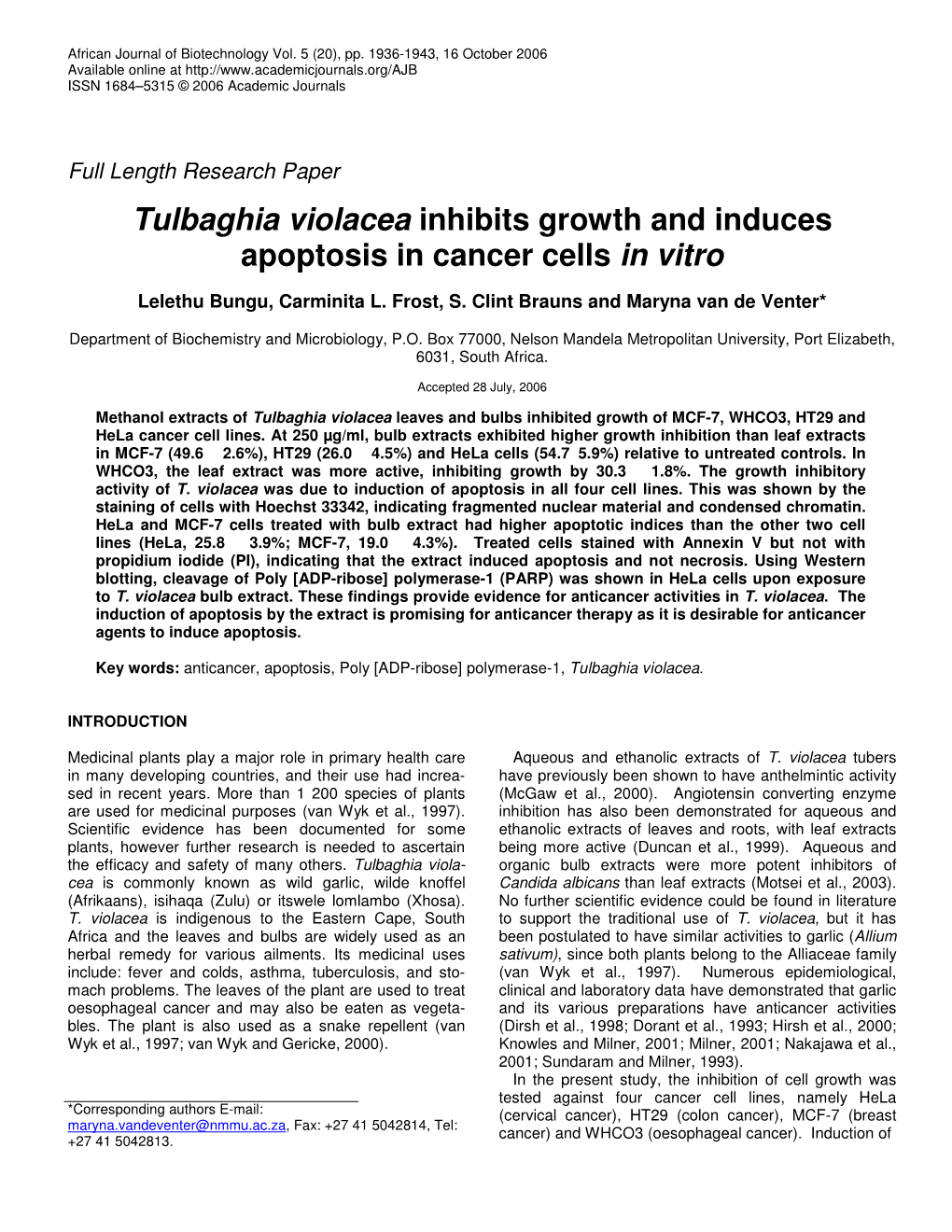 Tulbaghia Violacea Inhibits Growth and Induces Apoptosis in Cancer Cells in Vitro