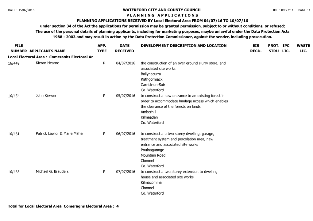 FILE NUMBER WATERFORD CITY and COUNTY COUNCIL P L a N N I N G a P P L I C a T I O N S PLANNING APPLICATIONS RECEIVED by Local