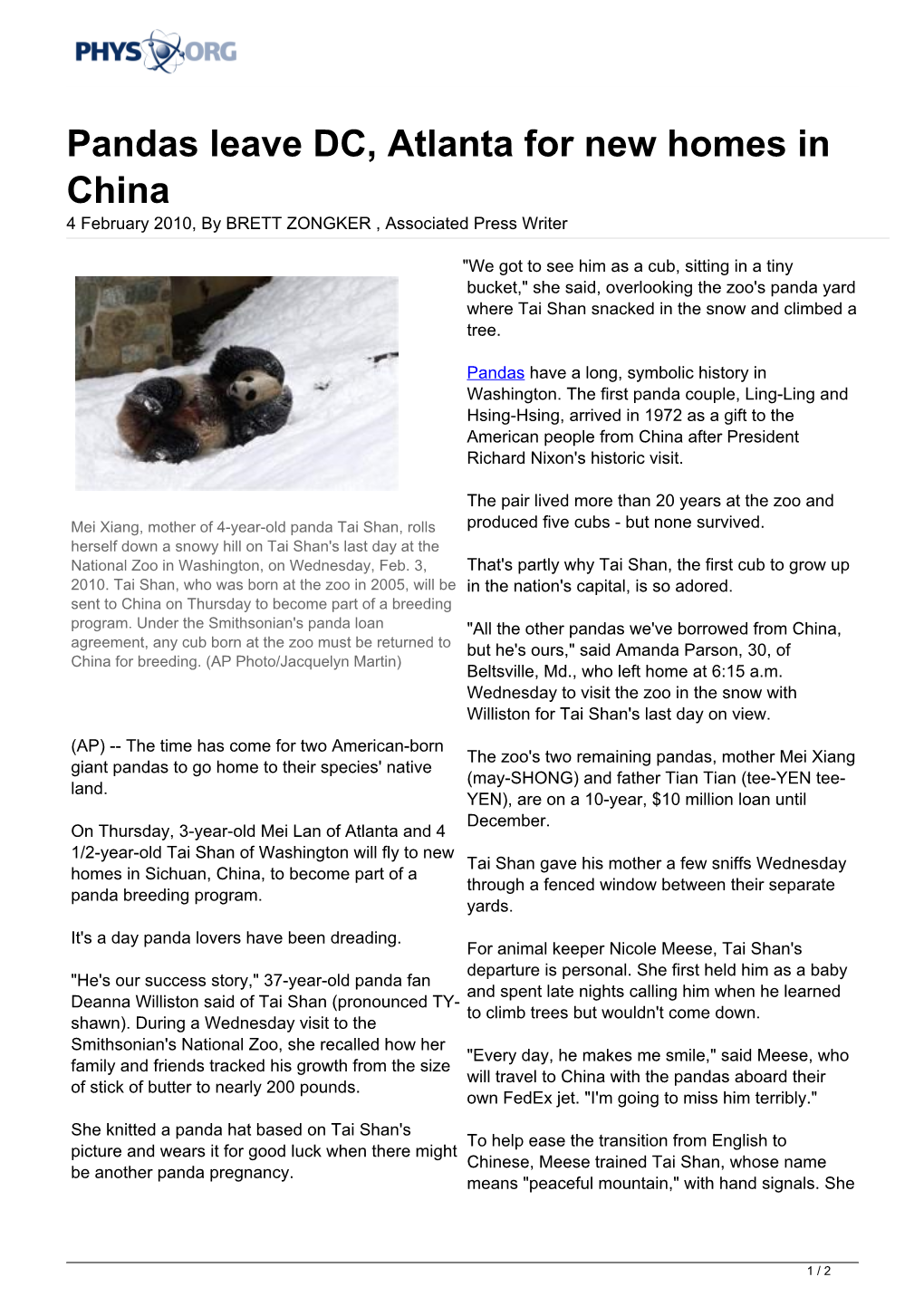 Pandas Leave DC, Atlanta for New Homes in China 4 February 2010, by BRETT ZONGKER , Associated Press Writer