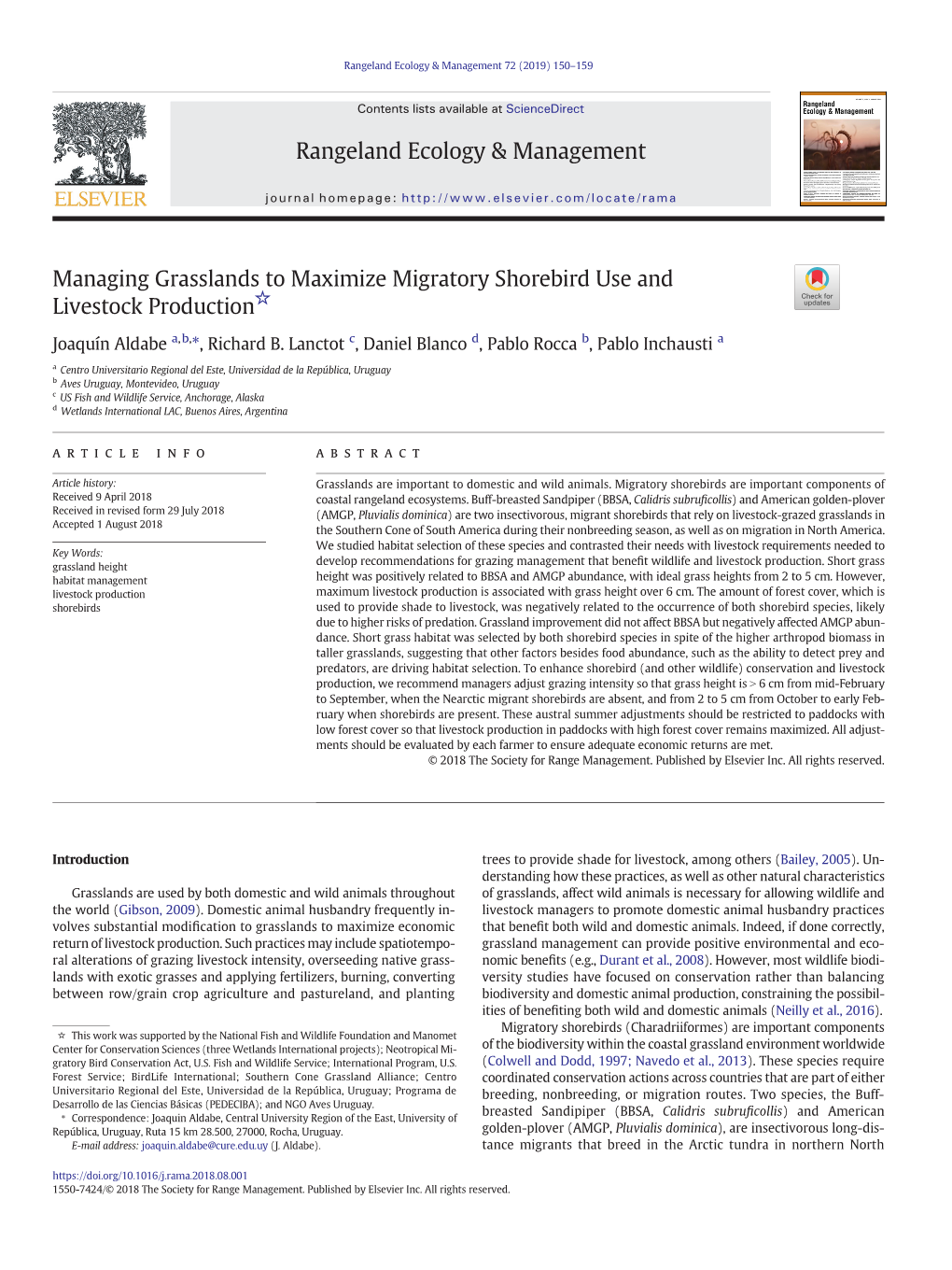 Managing Grasslands to Maximize Migratory Shorebird Use and ☆ Livestock Production