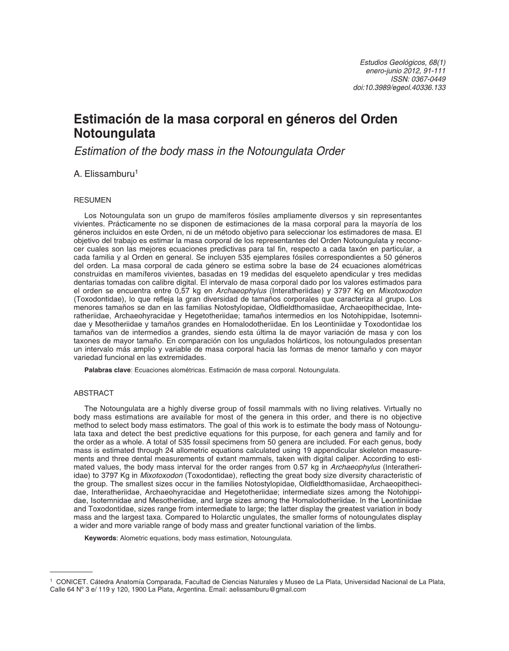 Estimación De La Masa Corporal En Géneros Del Orden Notoungulata Estimation of the Body Mass in the Notoungulata Order