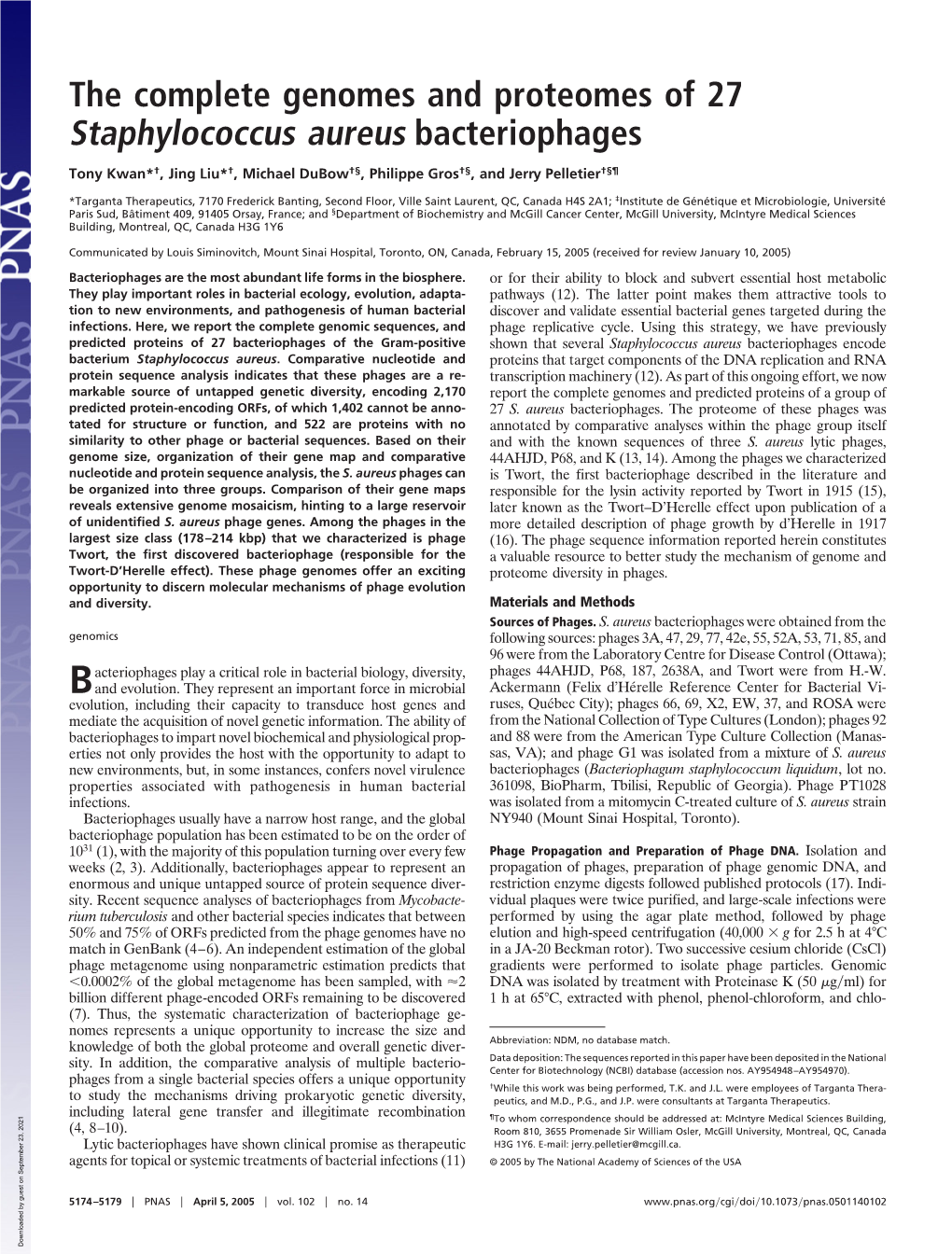 The Complete Genomes and Proteomes of 27 Staphylococcus Aureus Bacteriophages