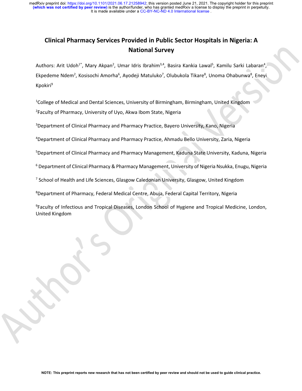 Clinical Pharmacy Services Provided in Public Sector Hospitals in Nigeria: a National Survey