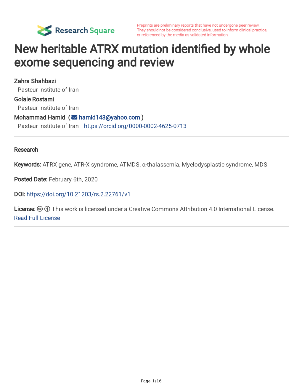 New Heritable ATRX Mutation Identified by Whole Exome