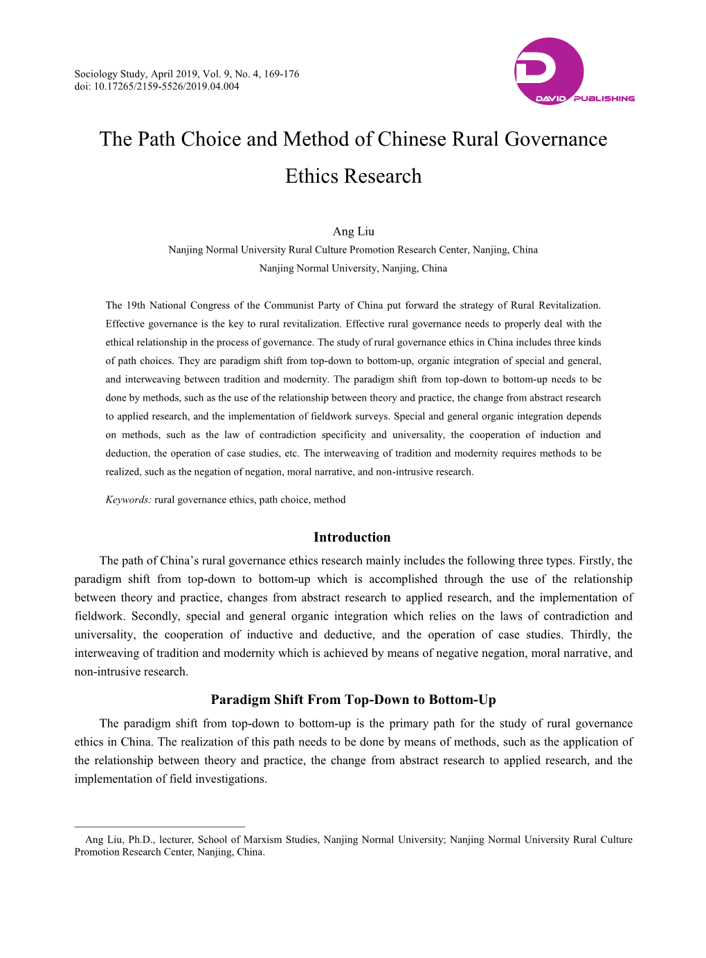The Path Choice and Method of Chinese Rural Governance Ethics Research